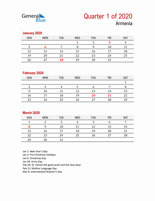 Printable Three Month Calendar with Armenia Holidays