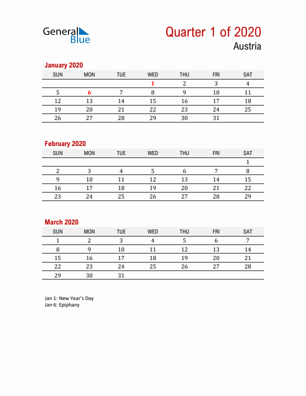 Printable Three Month Calendar with Austria Holidays