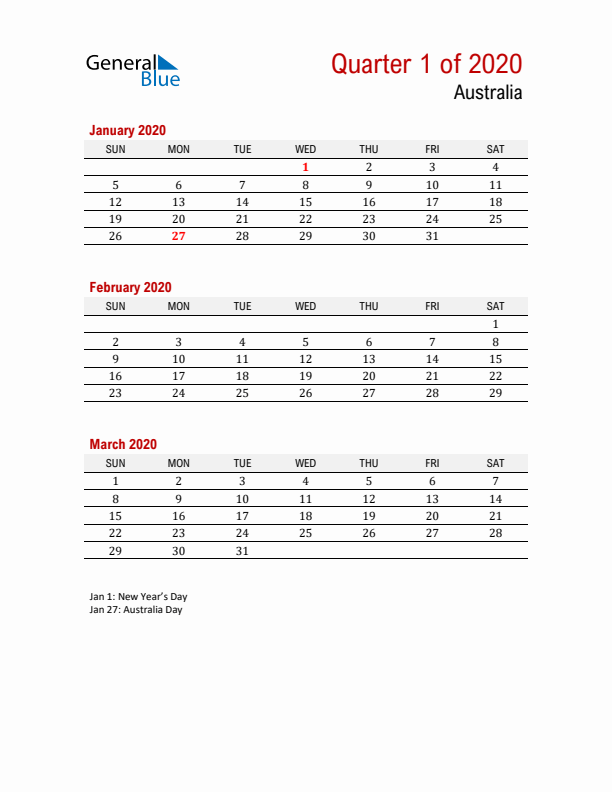 Printable Three Month Calendar with Australia Holidays