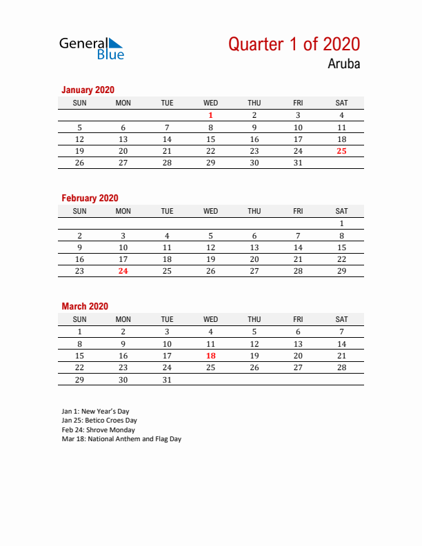 Printable Three Month Calendar with Aruba Holidays