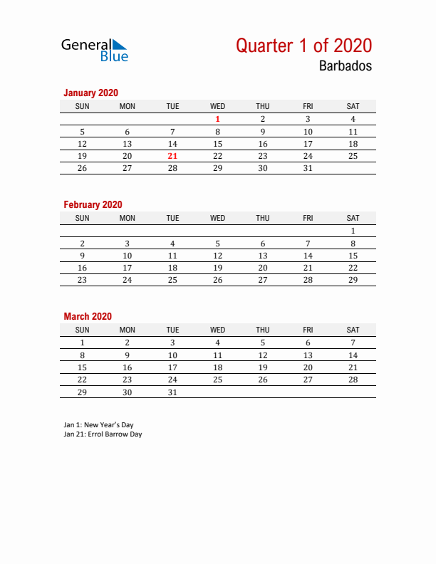 Printable Three Month Calendar with Barbados Holidays