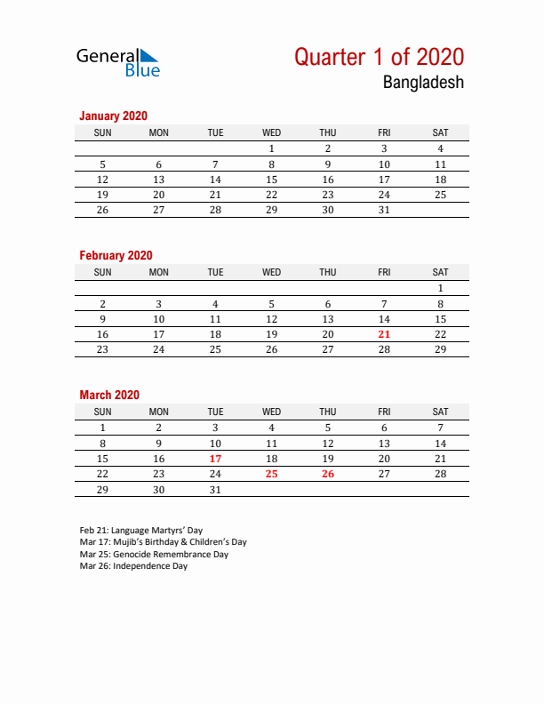 Printable Three Month Calendar with Bangladesh Holidays