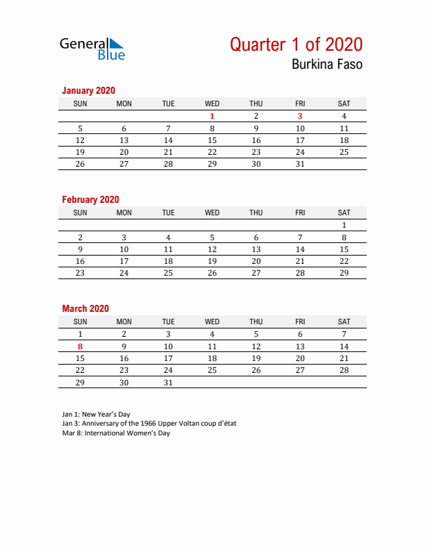 Printable Three Month Calendar with Burkina Faso Holidays