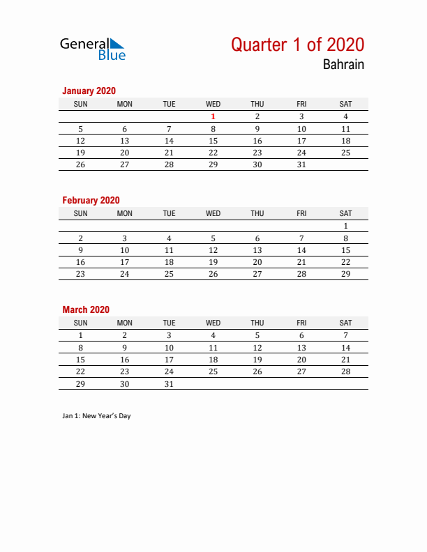 Printable Three Month Calendar with Bahrain Holidays