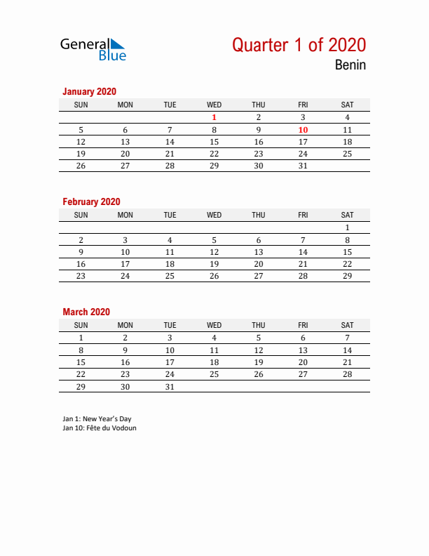 Printable Three Month Calendar with Benin Holidays