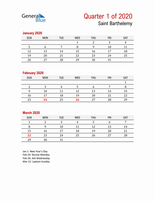 Printable Three Month Calendar with Saint Barthelemy Holidays