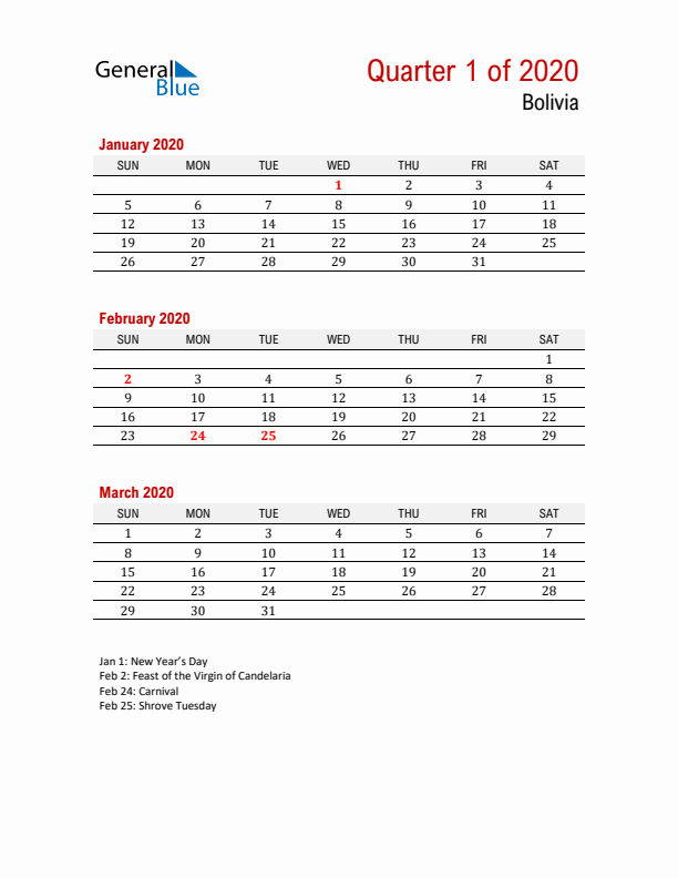 Printable Three Month Calendar with Bolivia Holidays