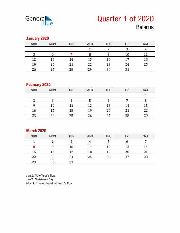 Printable Three Month Calendar with Belarus Holidays