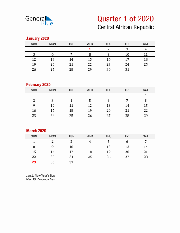 Printable Three Month Calendar with Central African Republic Holidays