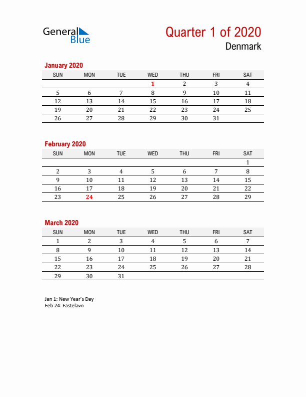 Printable Three Month Calendar with Denmark Holidays