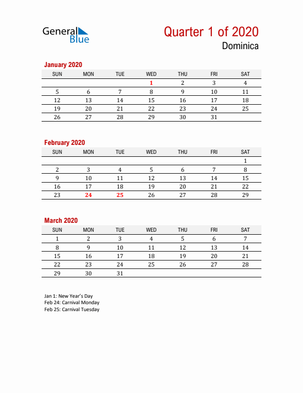 Printable Three Month Calendar with Dominica Holidays