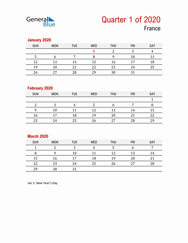 Printable Three Month Calendar with France Holidays