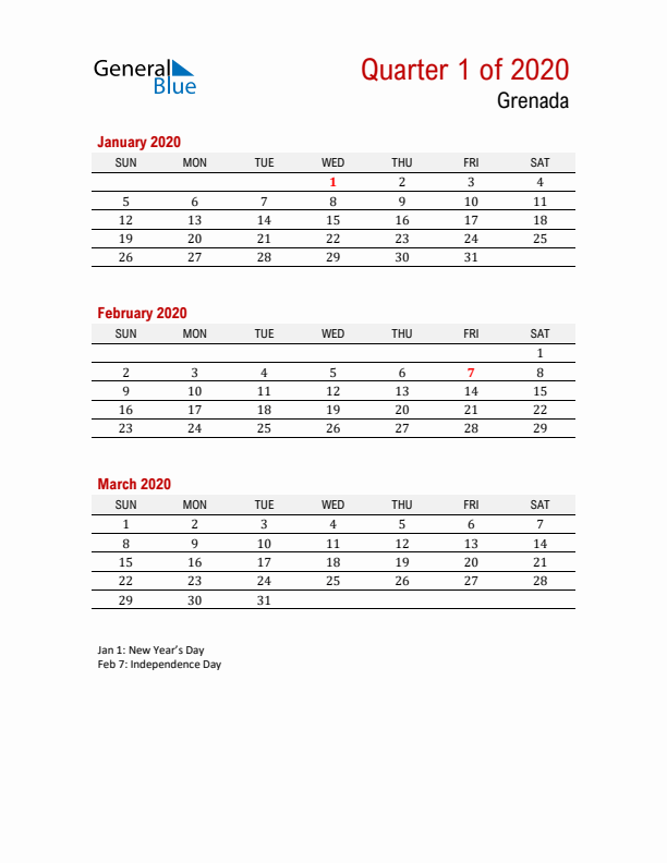 Printable Three Month Calendar with Grenada Holidays