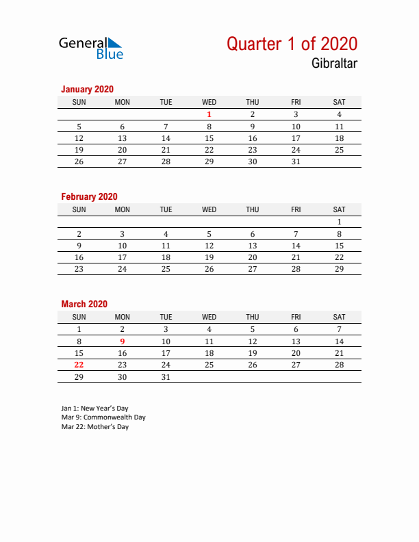 Printable Three Month Calendar with Gibraltar Holidays