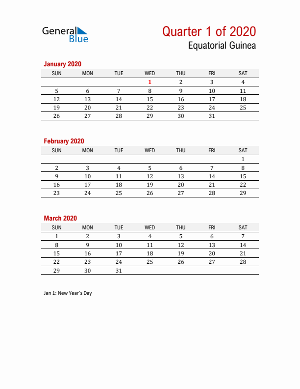 Printable Three Month Calendar with Equatorial Guinea Holidays