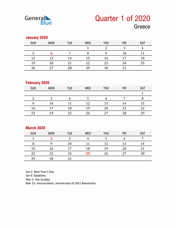 Printable Three Month Calendar with Greece Holidays