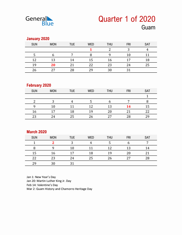 Printable Three Month Calendar with Guam Holidays