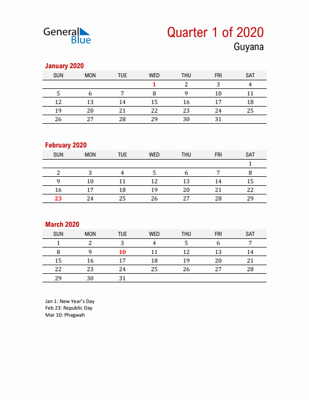 Printable Three Month Calendar with Guyana Holidays