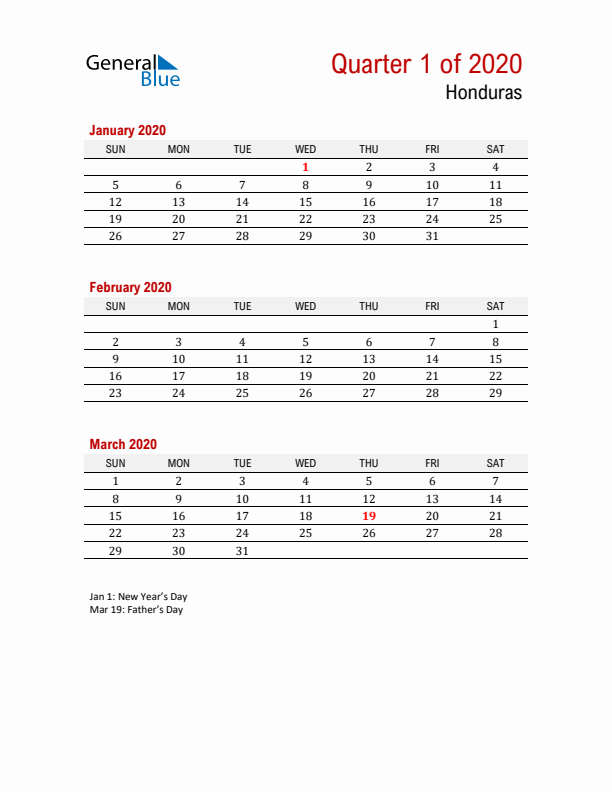 Printable Three Month Calendar with Honduras Holidays