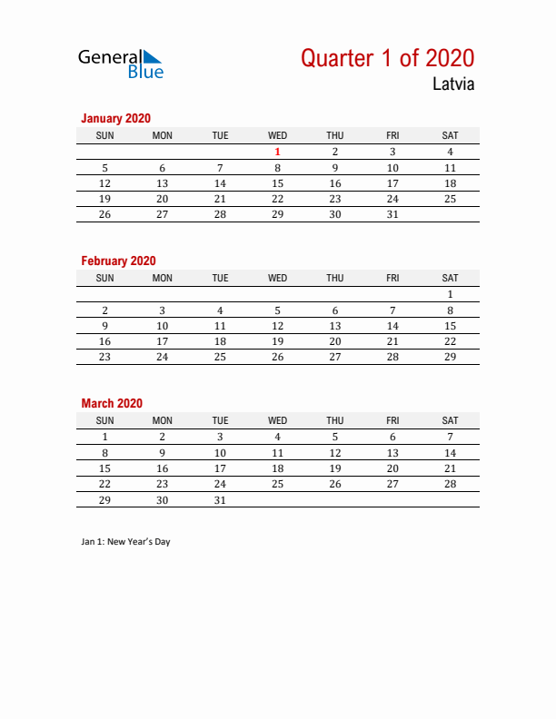 Printable Three Month Calendar with Latvia Holidays