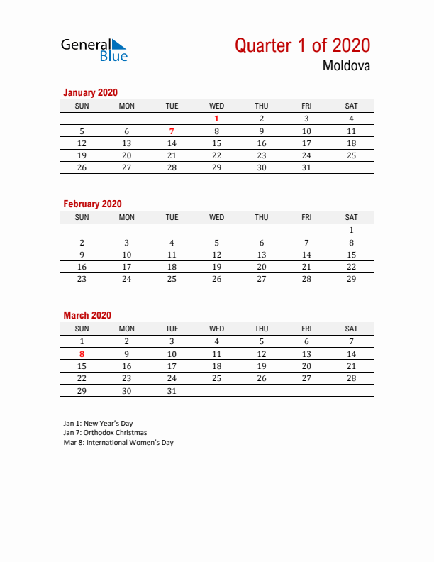 Printable Three Month Calendar with Moldova Holidays