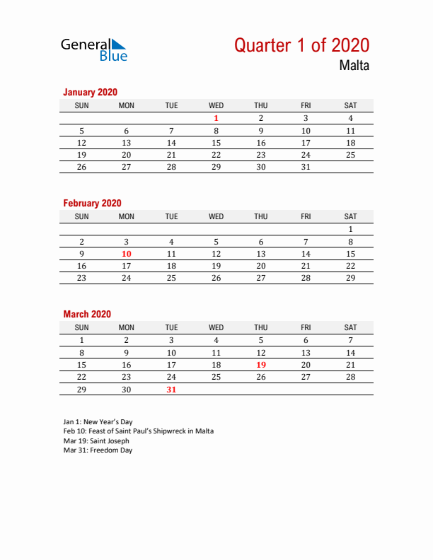 Printable Three Month Calendar with Malta Holidays