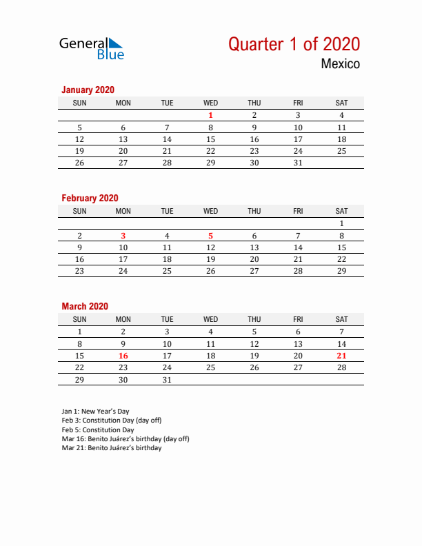 Printable Three Month Calendar with Mexico Holidays