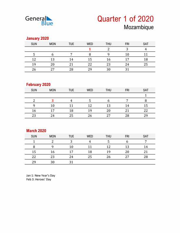 Printable Three Month Calendar with Mozambique Holidays