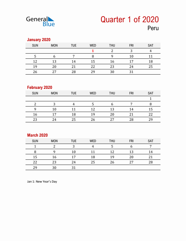 Printable Three Month Calendar with Peru Holidays