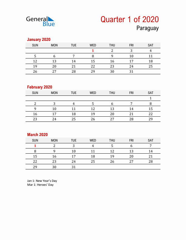 Printable Three Month Calendar with Paraguay Holidays