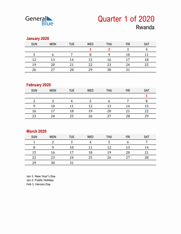 Printable Three Month Calendar with Rwanda Holidays