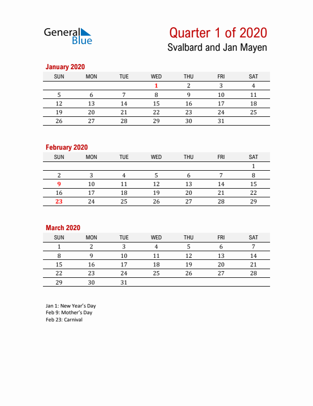 Printable Three Month Calendar with Svalbard and Jan Mayen Holidays