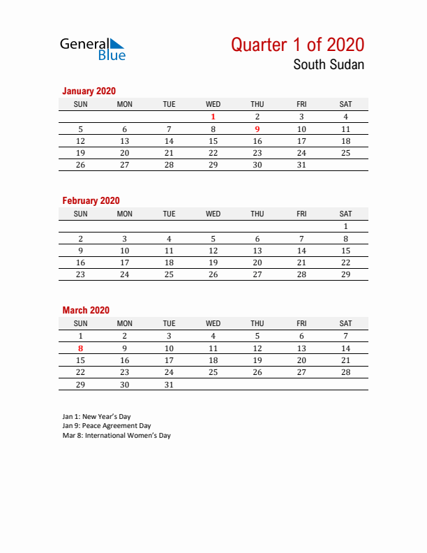 Printable Three Month Calendar with South Sudan Holidays