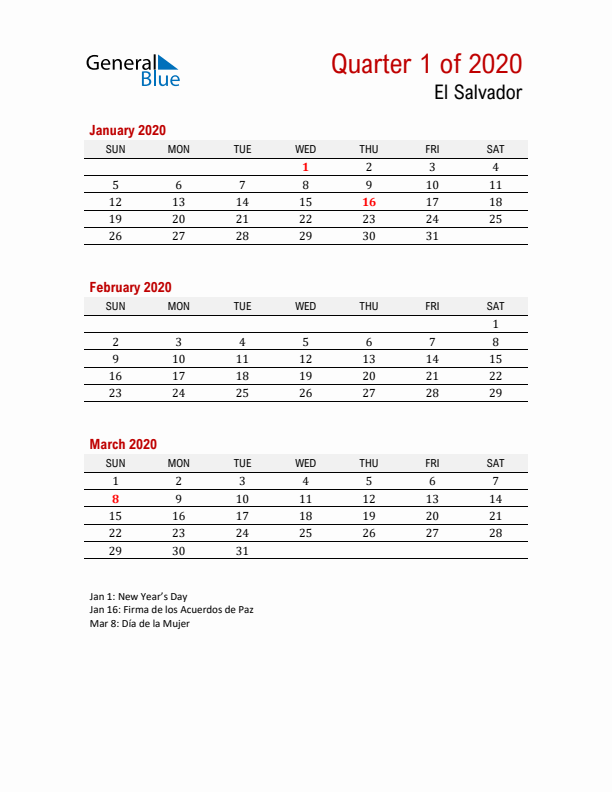 Printable Three Month Calendar with El Salvador Holidays