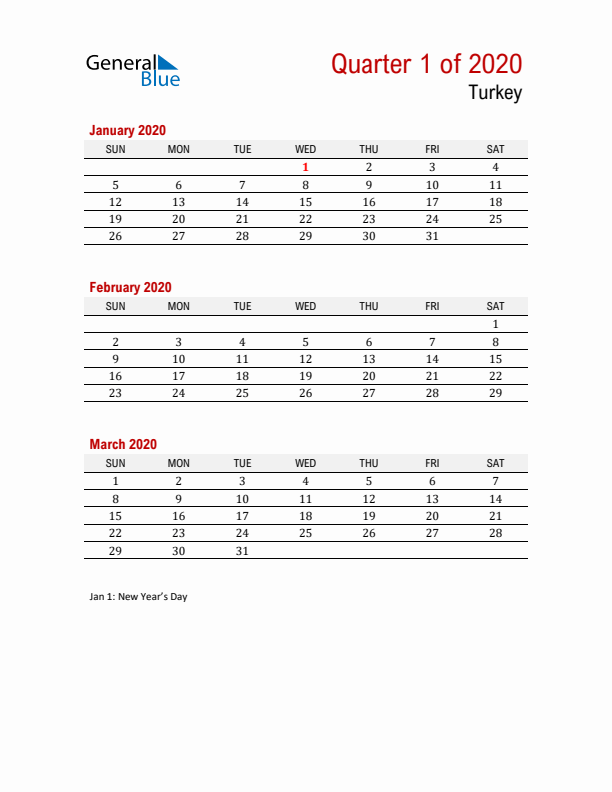 Printable Three Month Calendar with Turkey Holidays