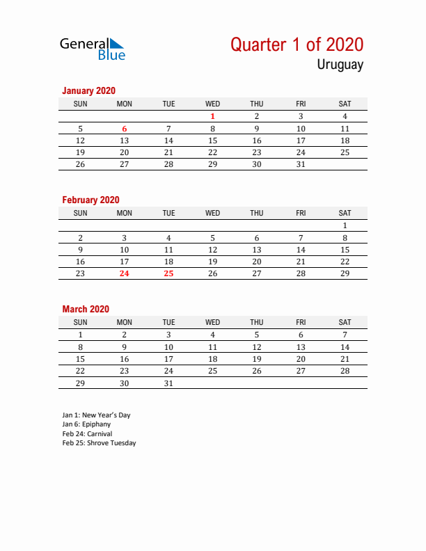 Printable Three Month Calendar with Uruguay Holidays