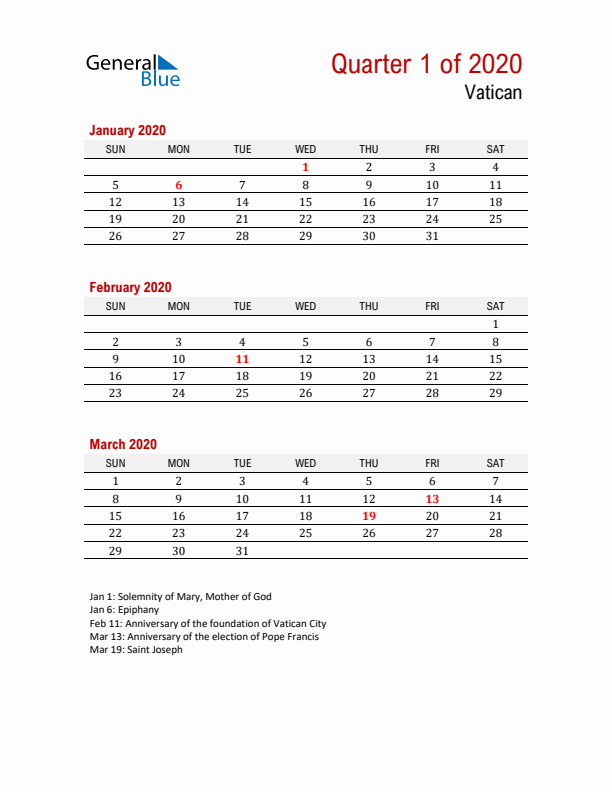 Printable Three Month Calendar with Vatican Holidays