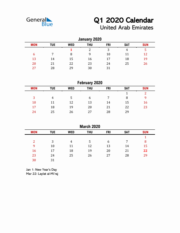 2020 Q1 Calendar with Holidays List for United Arab Emirates