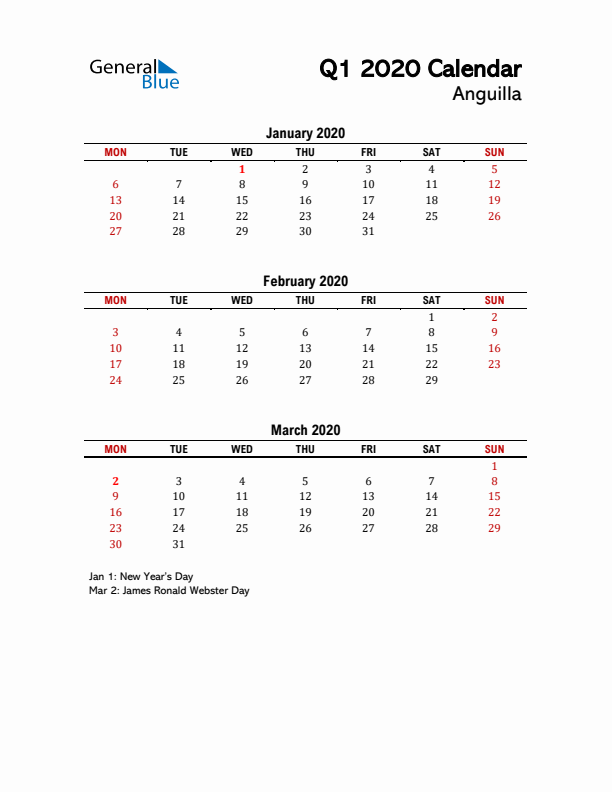 2020 Q1 Calendar with Holidays List for Anguilla