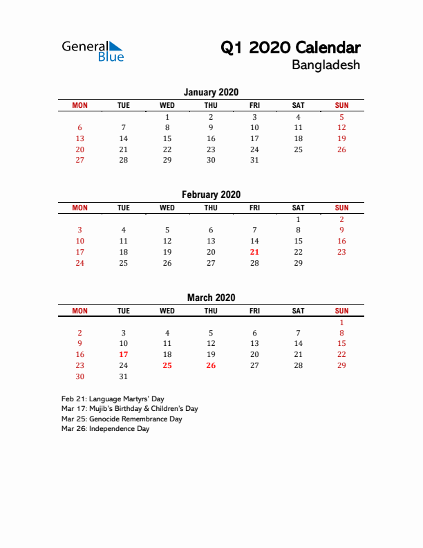 2020 Q1 Calendar with Holidays List for Bangladesh