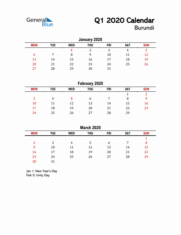 2020 Q1 Calendar with Holidays List for Burundi