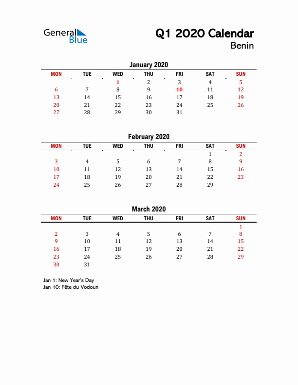 2020 Q1 Calendar with Holidays List for Benin