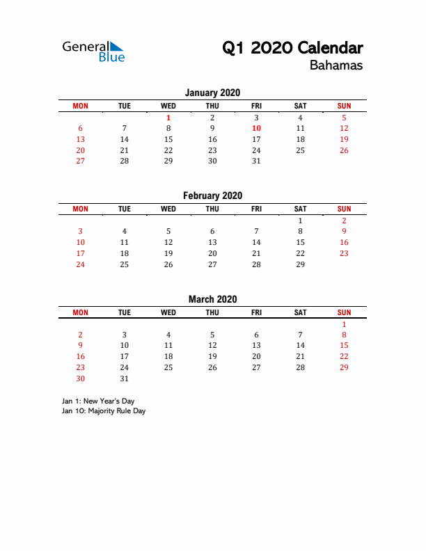 2020 Q1 Calendar with Holidays List for Bahamas