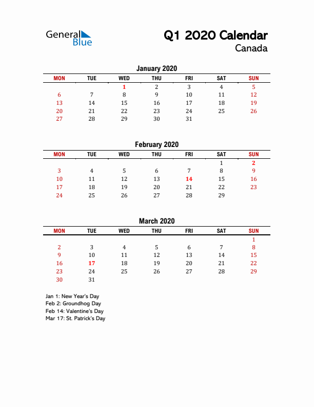 2020 Q1 Calendar with Holidays List for Canada