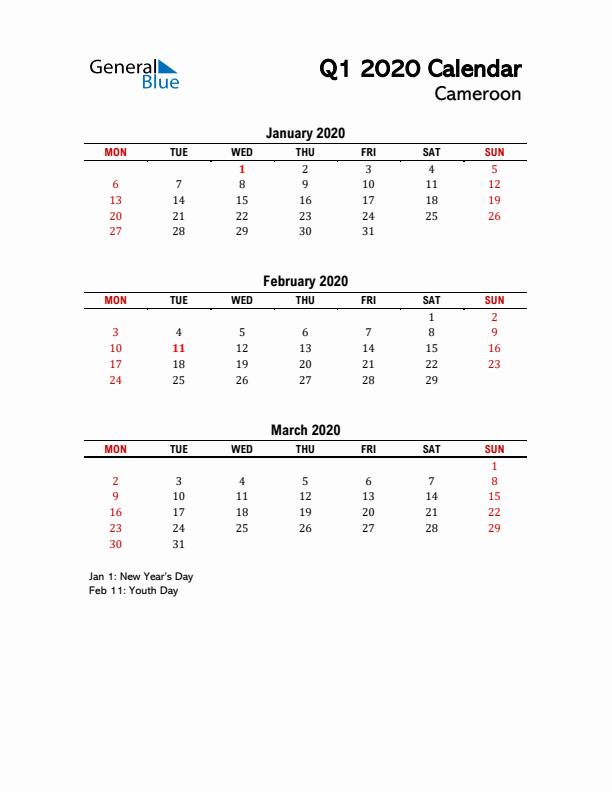 2020 Q1 Calendar with Holidays List for Cameroon