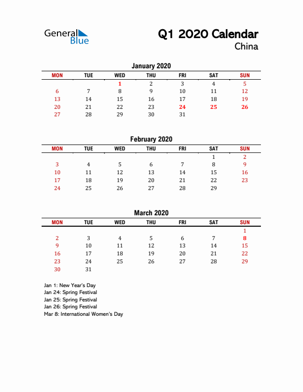 2020 Q1 Calendar with Holidays List for China