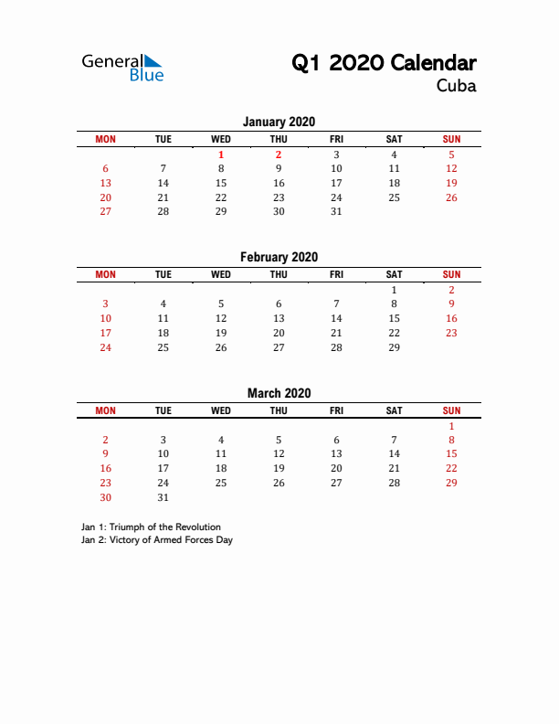 2020 Q1 Calendar with Holidays List for Cuba