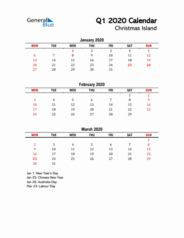 2020 Q1 Calendar with Holidays List for Christmas Island