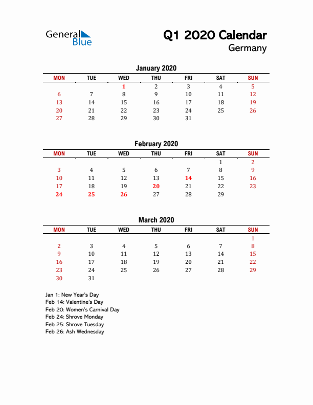 2020 Q1 Calendar with Holidays List for Germany