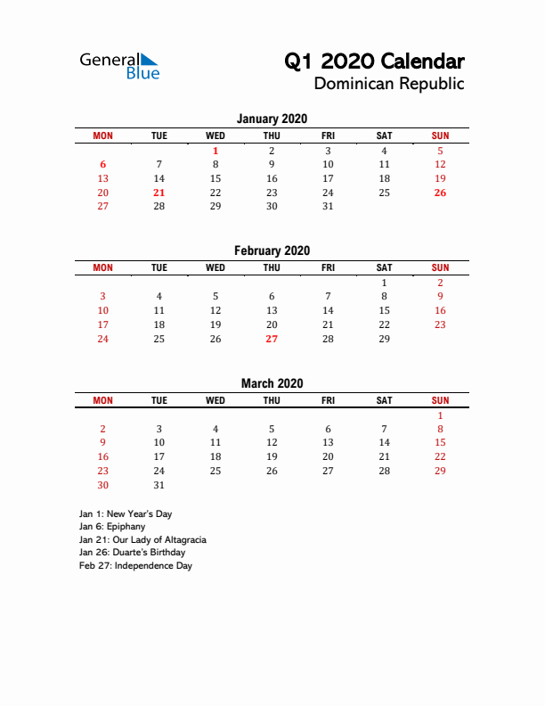 2020 Q1 Calendar with Holidays List for Dominican Republic